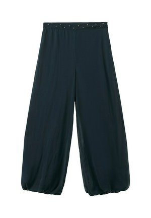 Pantaloni neri a gamba larga con vita elasticizzata e orli arricciati che creano un effetto a palloncino alle caviglie.