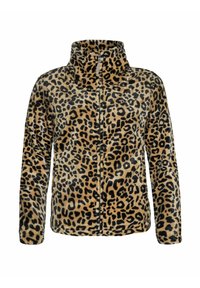 Giacca in fleece con stampa leopardata, colletto alto, zip frontale completa, maniche lunghe e superficie morbida e testurizzata. Presenta macchie nere su fondo ocra.
