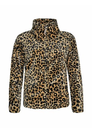 Fleece jack met luipaardprint, hoge kraag, volledige ritssluiting, lange mouwen en een zachte, gestructureerde oppervlakte. Kenmerkt zwarte vlekken op een tan kleur.
