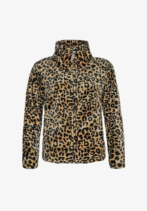 Fleece bunda s leopardím vzorom, s vysokým golierom, plným predným zipsom, dlhými rukávmi a mäkkým, textúrovaným povrchom. Obsahuje čierne škvrny na pieskovom podklade.