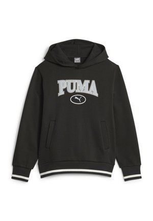 Black Puma hoodie with front kangaroo pockets, white logo text and puma emblem, ribbed cuffs, and striped hem and sleeve edges.