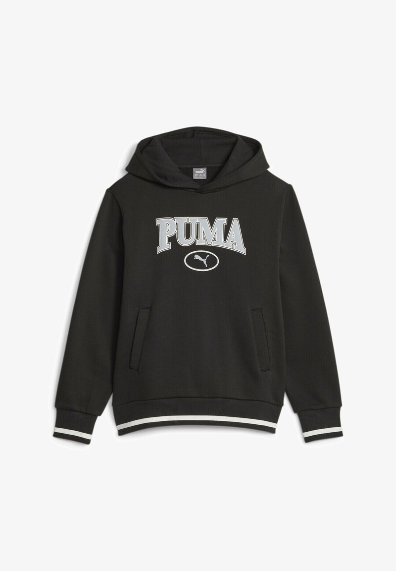 Sweat à capuche noir Puma avec poches kangourou à l'avant, texte du logo blanc et emblème Puma, poignets côtelés, et bordures rayées à l'ourlet et aux manches.