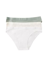 Tre paia di mutandine in cotone per donna, con un elastico di colore verde chiaro, crema e bianco, su cui è impresso il testo "women's secret".