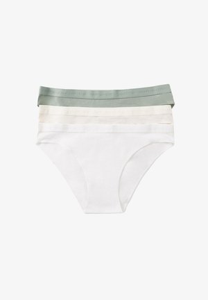 Tre paia di mutandine in cotone per donna, con un elastico di colore verde chiaro, crema e bianco, su cui è impresso il testo "women's secret".