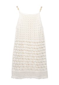 Vestito bianco all'uncinetto con motivo a reticolo, spalline sottili con accenti di perline e orlo testurizzato. Materiale leggero e traspirante.