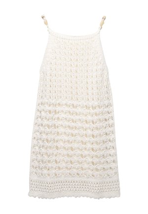 White crochet dress featuring a lattice design, thin straps with bead accents, and a textured hem. Lightweight and breathable material.