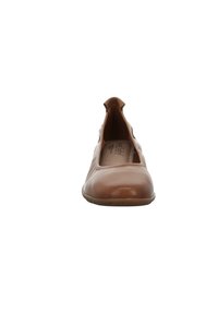 Brown leather ballet flat with an open toe and a low sole. Smooth texture, minimal stitching, and a soft curve at the back.