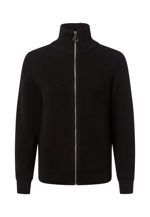 Schwarzer gestrickter Reißverschluss-Pullover mit hohem Kragen, ausgestattet mit einem silbernen Reißverschluss und Rippstruktur an den Ärmeln und am Saum.