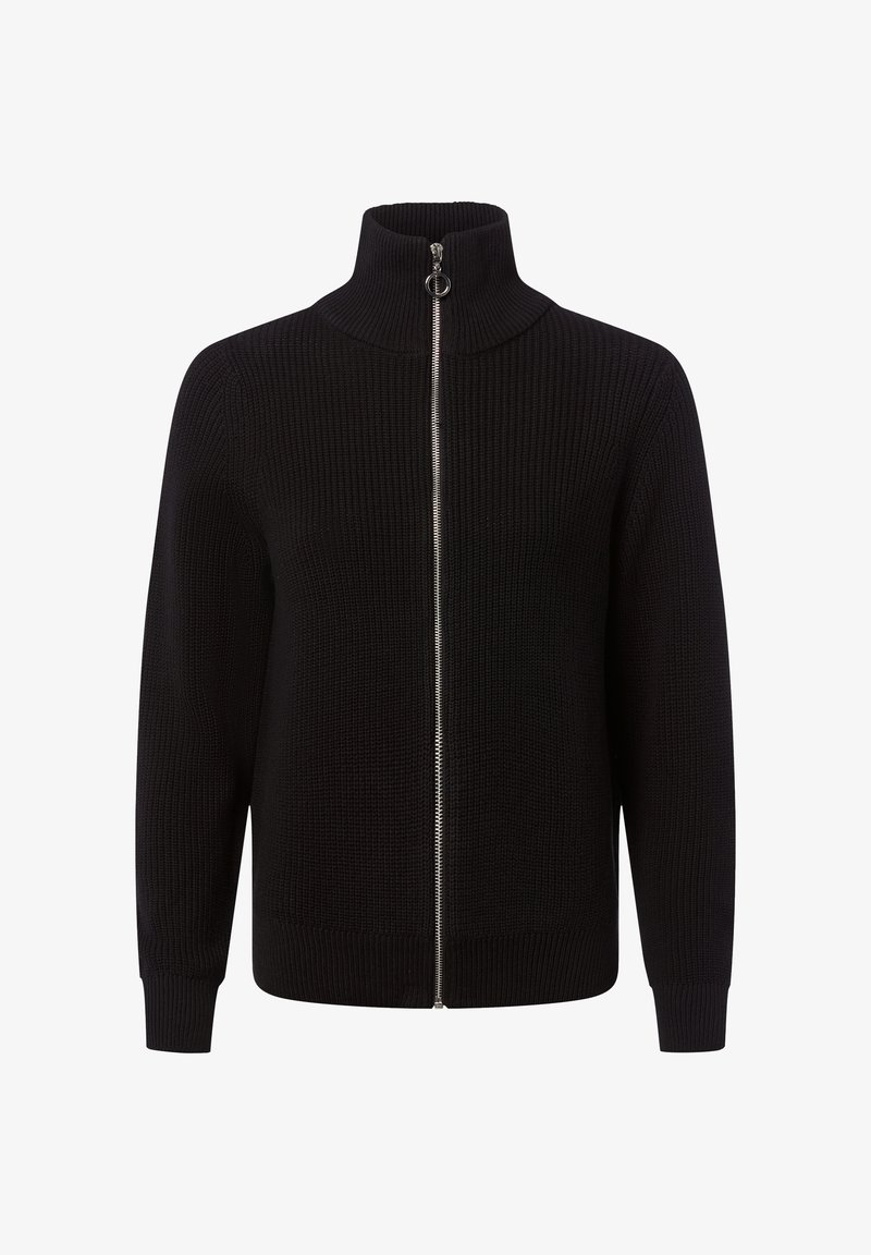 Zwarte gebreide zip-up trui met een hoge kraag, voorzien van een zilveren rits en geribbelde textuur op de mouwen en de zoom.