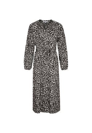Leopardprint jurk in zwart-wit, lange mouwen, v-hals, taille strik, vloeiende stof, knie-lengte, geplooid detail bij de schouders.