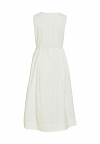 Ærmeløs hvid midi-kjole med plisseret bund og indsamlet talje, vist på en ensfarvet hvid baggrund, set bagfra.