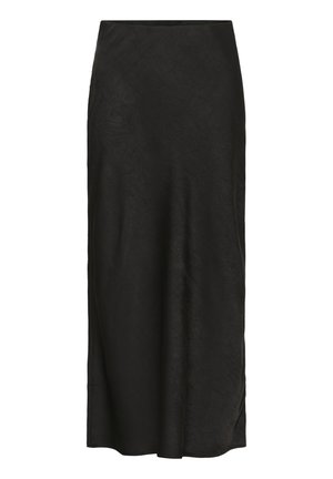 Jupe noire, longue jusqu'au sol, en tissu texturé. Dotée d'une taille lisse, d'un léger drapé et d'un design minimal sans détails supplémentaires.