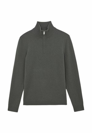 Tumehall pikaaelse pullover-sviiter kõrge krae ja poole luku sulgemisega, valmistatud pehmest kudumiskangast. Ei mingeid nähtavaid mustreid ega aktsente.