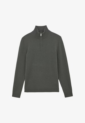 Tumehall pikaaelse pullover-sviiter kõrge krae ja poole luku sulgemisega, valmistatud pehmest kudumiskangast. Ei mingeid nähtavaid mustreid ega aktsente.