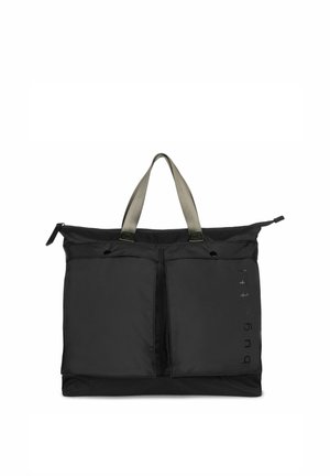 Zwarte rechthoekige draagtas met twee beige handvatten, twee voorzakken met drukknoopsluitingen en de tekst "bugatti" op de rechterzak.