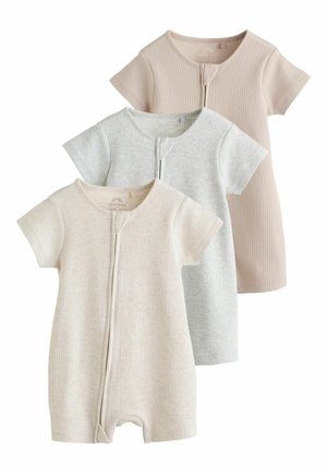 Three short-sleeve ribbed baby rompers in beige, light gray, and pale pink, each with a front zipper closure.
