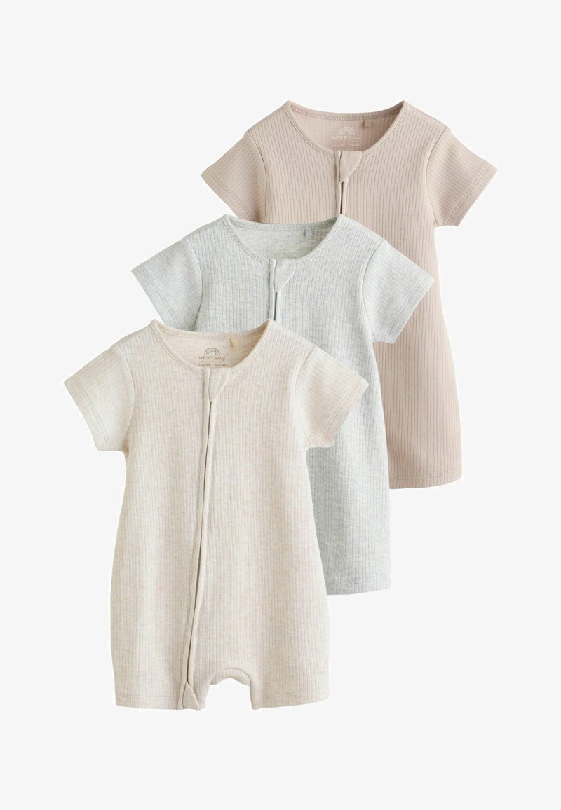 Trois grenouillères bébé à manches courtes côtelées en beige, gris clair et rose pâle, chacune avec une fermeture éclair à l'avant.
