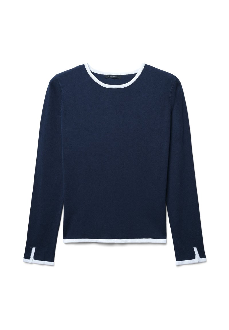 Maglione a maniche lunghe blu navy con colletto bianco rotondo, orlo bianco e dettagli a contrasto sui polsini. Tessuto in maglia morbida, lunghezza cropped.