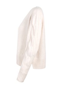 Helles beige, grob gestricktes Sweatshirt mit langen Ärmeln, gerippten Bündchen und Saum, ausgestattet mit einem gestickten "love"-Detail auf der Vorderseite.