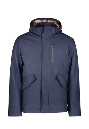 Navyblauwe jack met een capuchon, voorzien van een ritszak, twee grote voorzakken en een gestructureerde stof met een warme binnenvoering.