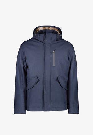 Navyblauwe jack met een capuchon, voorzien van een ritszak, twee grote voorzakken en een gestructureerde stof met een warme binnenvoering.