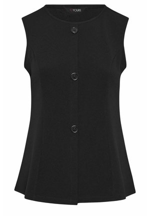 Schwarzes ärmelloses Oberteil mit Knopfleiste vorne, rundem Ausschnitt und ausgestelltem Saum, mit drei großen schwarzen Knöpfen in der Mitte.