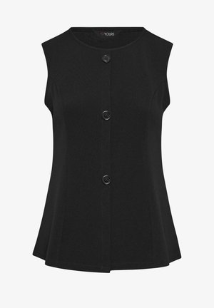 Schwarzes ärmelloses Oberteil mit Knopfleiste vorne, rundem Ausschnitt und ausgestelltem Saum, mit drei großen schwarzen Knöpfen in der Mitte.