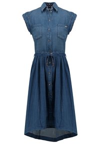 Jeansowa sukienka z rękawami na ramiączkach, zapinana na guziki z przodu i ściągana w pasie elastyczną taśmą. W głębokim niebieskim kolorze, z kieszeniami i długości w połowie łydki.