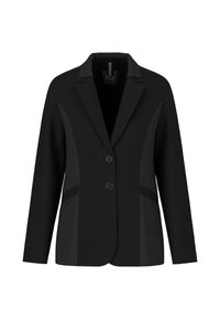 Schwarzer Blazer mit strukturiertem Design, ausgestattet mit einem Reverskragen, zwei Knöpfen und strukturierten Paneelen an den Seiten. Glatte Stoffoberfläche.