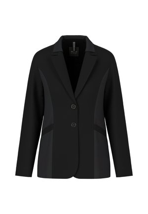 Black blazer with a structured design, featuring a notched collar, two buttons, and textured panels on the sides. Smooth fabric finish.