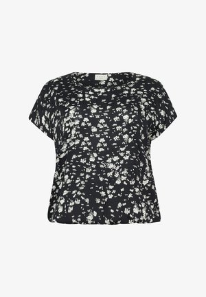 Črno-bež cvetlična kratkosleeve bluza z okroglo ovratnikom in prostornim krojem, izdelana iz lahkotnega materiala. Ima celovit potisk.