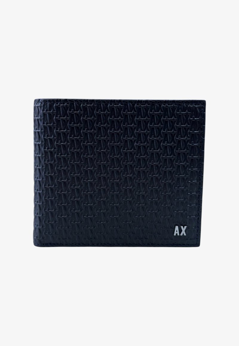 Portafoglio nero con motivi a logo in rilievo, texture liscia e dettagli metallici con "AX" nell'angolo in basso a destra.