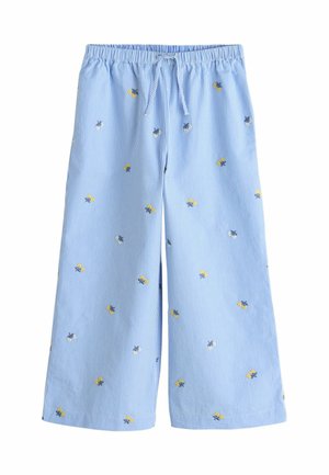 Light blue wide-leg pants with thin white stripes and small yellow and navy floral embroidery, featuring an elastic waistband and drawstring.