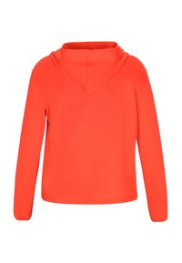 Kapuzensweatshirt in leuchtendem Orange, hergestellt aus weichem Stoff. Verfügt über lange Ärmel, einen schlichten Schnitt und eine glatte Textur.