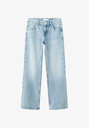 Jean en denim bleu clair à jambes larges avec une taille haute, cinq poches, fermeture par bouton et coutures visibles le long des coutures.