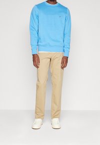 Felpa azzurrina, pantaloni beige e sneakers bianchi. Tessuto morbido, collo a giro, polsini a costine e un piccolo logo sul petto.
