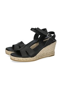 Zwarte leren wedge sandalen met gestructureerde banden, open teen ontwerp en met jute omhulde wedge hakken. Verstelbare enkelgesp voor een goede pasvorm.