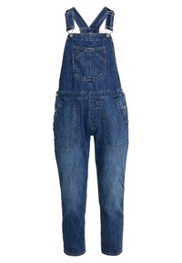 Jeansoverall i mörkblått, med justerbara axelremmar, en framficka och två sidfickor. Rakt ben med en blekt textur.