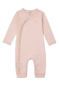 Różowy, prążkowany Kombinezon z długimi rękawami, z zatrzaskami po boku oraz małym logo na klatce piersiowej. Wykonany z miękkiego bawełnianego materiału.