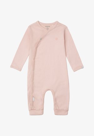 Rosa geripptes Jumpsuit mit langen Ärmeln, das Druckknöpfe an der Seite und ein kleines Logo auf der Brust hat. Hergestellt aus weichem Baumwollmaterial.