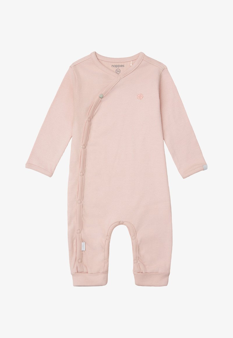 Różowy, prążkowany Kombinezon z długimi rękawami, z zatrzaskami po boku oraz małym logo na klatce piersiowej. Wykonany z miękkiego bawełnianego materiału.
