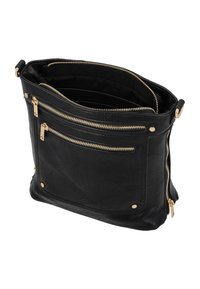 Borsa a mano in pelle nera con zip dorate, numerose tasche esterne, una superficie texture e un ampio interno. Presenta dettagli in hardware dorato.