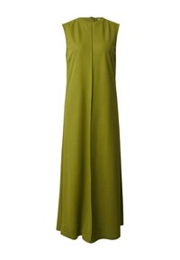 Ärmelloses grünes Kleid aus glattem Stoff, mit gerader Silhouette, vertikalen Nahtdetails und rückseitigem Verschluss.