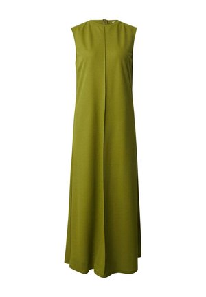 Mouwloze groene jurk van gladde stof, met een rechte silhoutte, verticale naaddetails en een sluiting aan de achterkant.