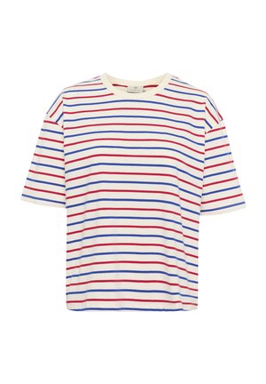 Baumwoll-T-Shirt mit horizontalen Streifen in Rot, Blau und Creme. Rundhalsausschnitt, kurze Ärmel und lockere Passform. Weiche Textur.
