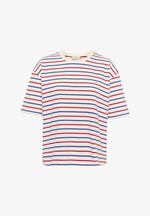 Bomulds T-shirt med horisontale striber i rød, blå og creme. Rund hals, korte ærmer og en afslappet pasform. Blød tekstur.