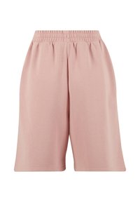 Shorts rose clair coupe ample avec taille élastique et ourlet au niveau du genou, en tissu doux.