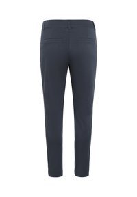 Dark navy trousers with a slim fit, featuring two back pockets and a clean waistband. Made from a smooth fabric with a lightweight texture.