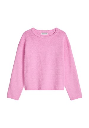 Pull en maille rose clair à manches longues avec un col rond et des poignets et un ourlet côtelés, présenté à plat sur un fond blanc.