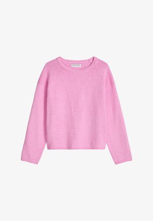 Pull en maille rose clair à manches longues avec un col rond et des poignets et un ourlet côtelés, présenté à plat sur un fond blanc.